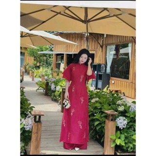 Set áo dài thời trang nữ chất tơ tay loe 2 lớp cổ trụ họa tiết thêu hoa phối quần chéo nhung dài ống rộng
