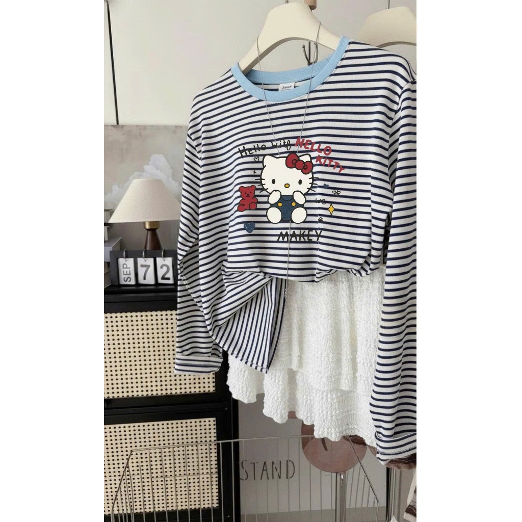 Áo dài tay Sọc ngang xanh đậm hottend Thu Đông 2025 JULY FASHION, Áo thun nữ tay dài, chất cotton dày dặn