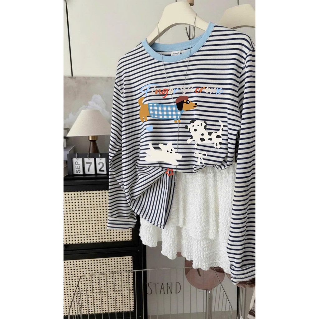 Áo dài tay Sọc ngang xanh đậm hottend Thu Đông 2025 JULY FASHION, Áo thun nữ tay dài, chất cotton dày dặn