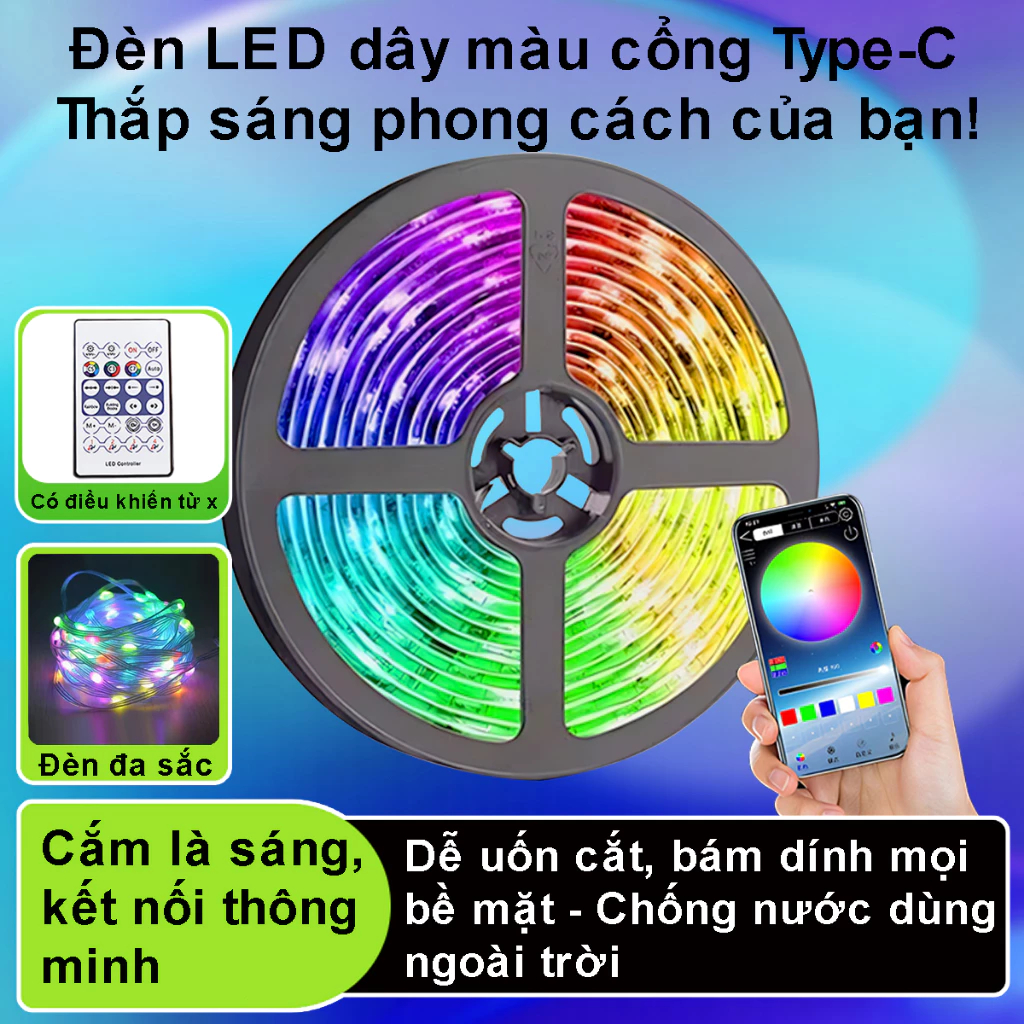 Đèn led nháy RGB dài 10m decor phòng, chế độ nháy theo nhạc, có điều khiển từ xa hoặc app điện thoại