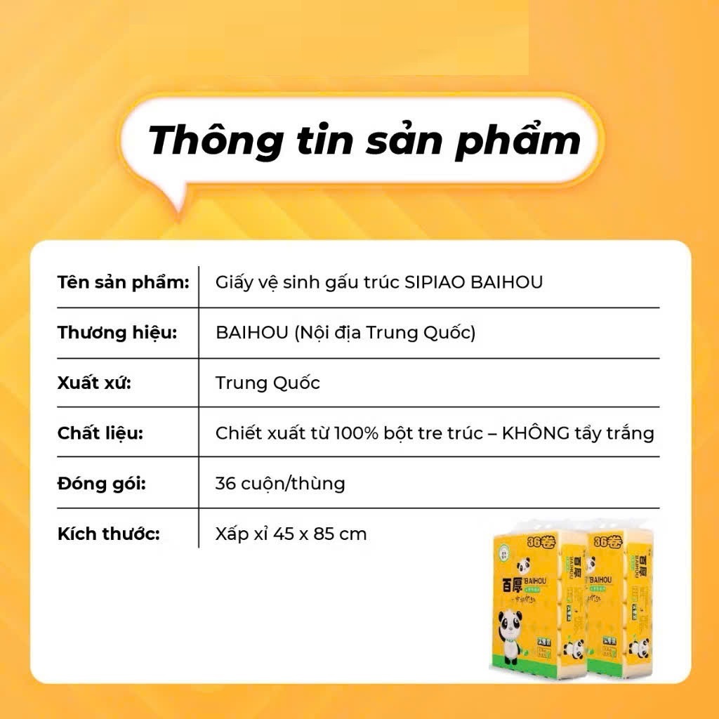 Giấy vệ sinh gấu trúc BAIHOU nội địa trung 4 lớp siêu dai không chất tẩy trắng bịch 36 cuộn