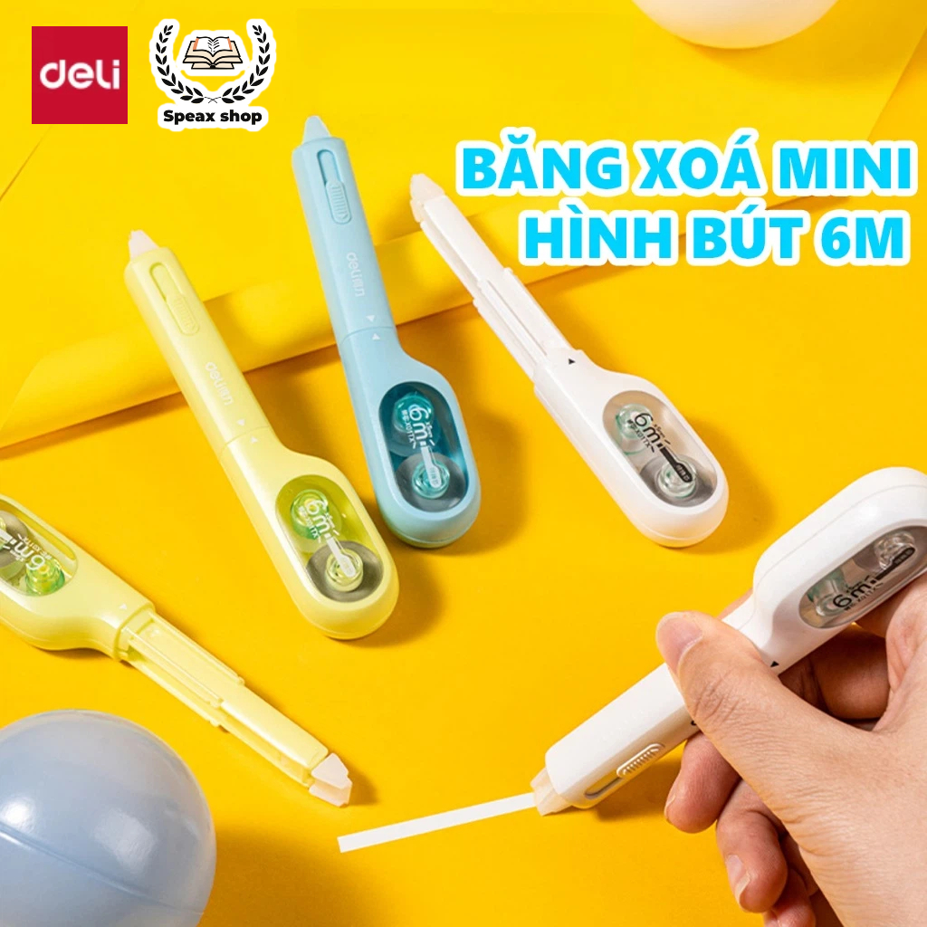 Băng Xóa Mini Deli 6m – Dạng Kéo, Màu Trắng/Xanh Dương/Xanh Lá, Xóa Sạch Khô Nhanh, Thay Lõi Được