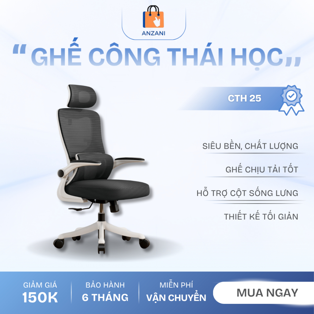Ghế Công Thái Học CTH25 Có Tựa Đầu 3D – Gật Gù 125° – Tay Vịn Đảo 90° – Ghế Xoay Văn Phòng | BigBuy360 - bigbuy360.vn