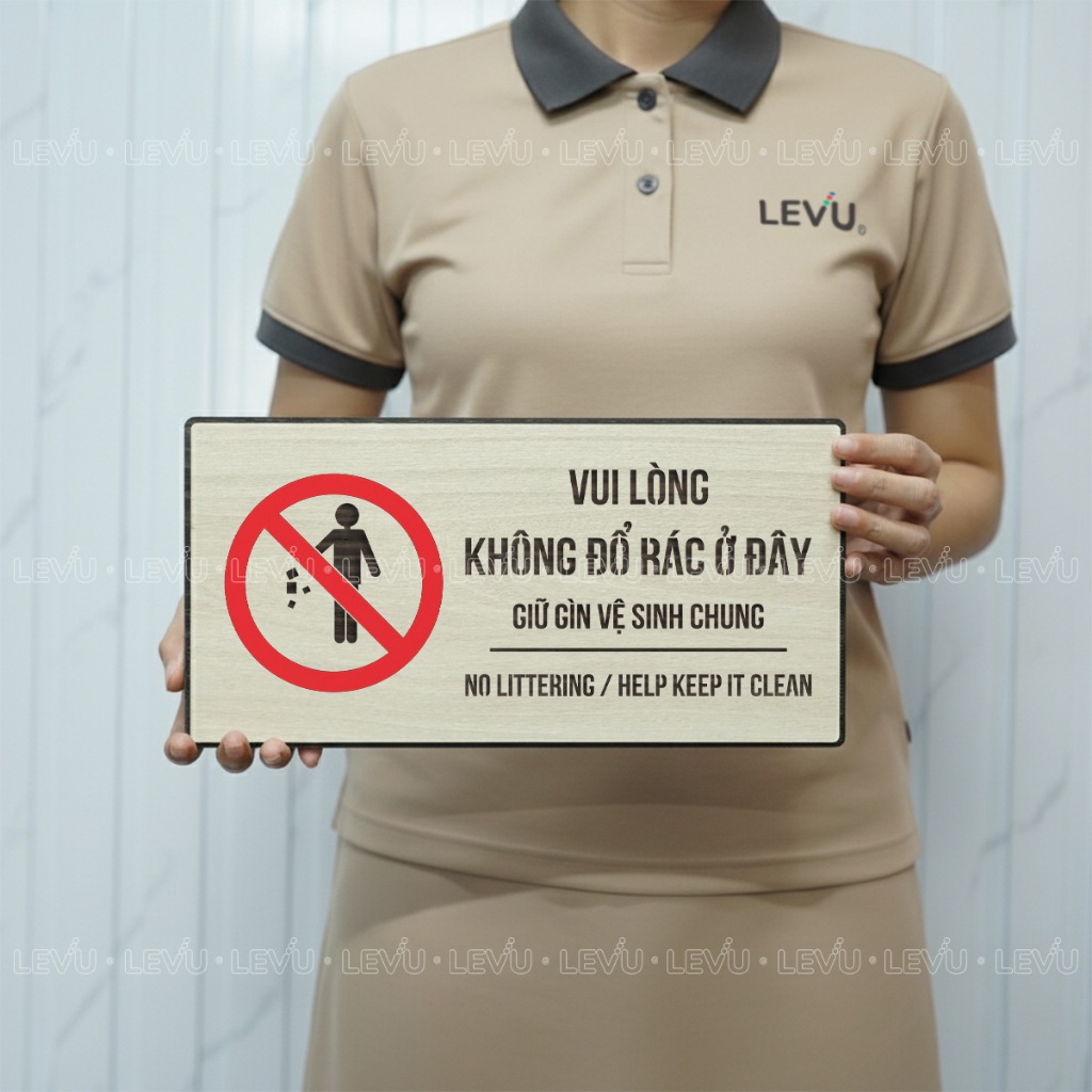 Bảng gỗ thông báo vui lòng không đổ rác ở đây trang trí khu vực cấm đổ rác BG85