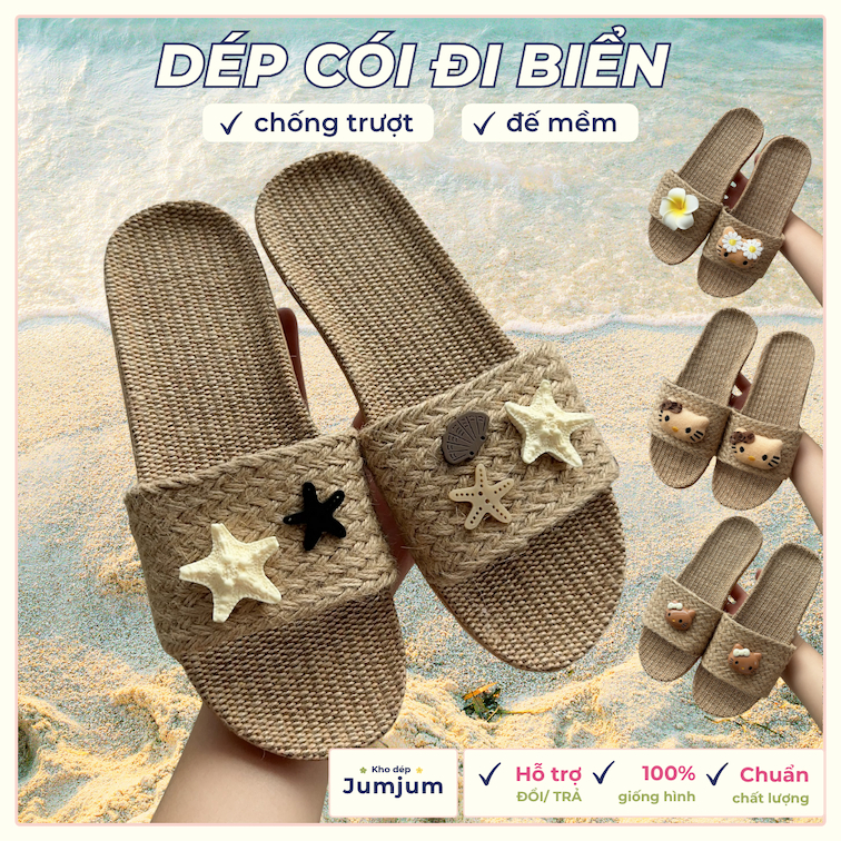 Dép cói đi biển QC quai ngang, đế mềm êm chân đệm cao su kháng nước chống trượt nhẹ dày 1.5 cm | JJCOI
