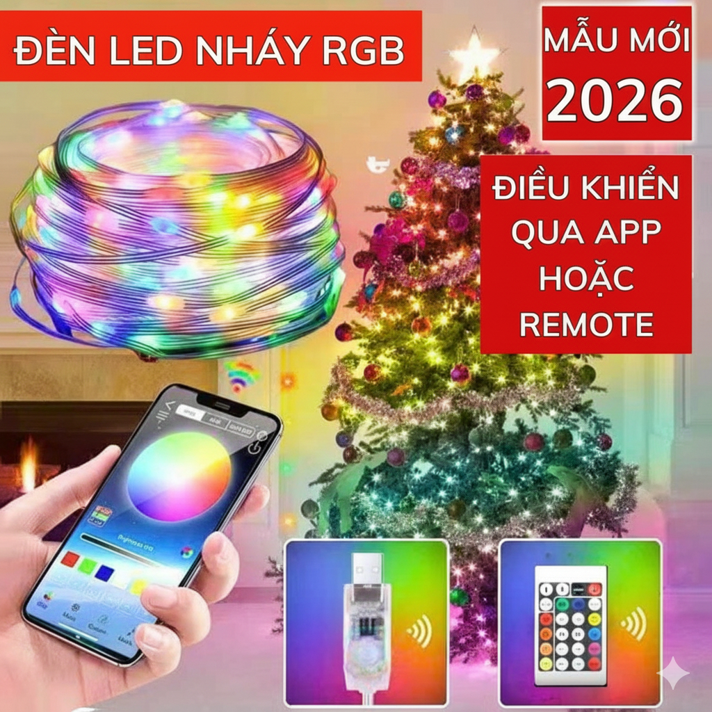 Đèn led nháy RGB dài 10m decor phòng, chế độ nháy theo nhạc, có điều khiển từ xa hoặc app điện thoại