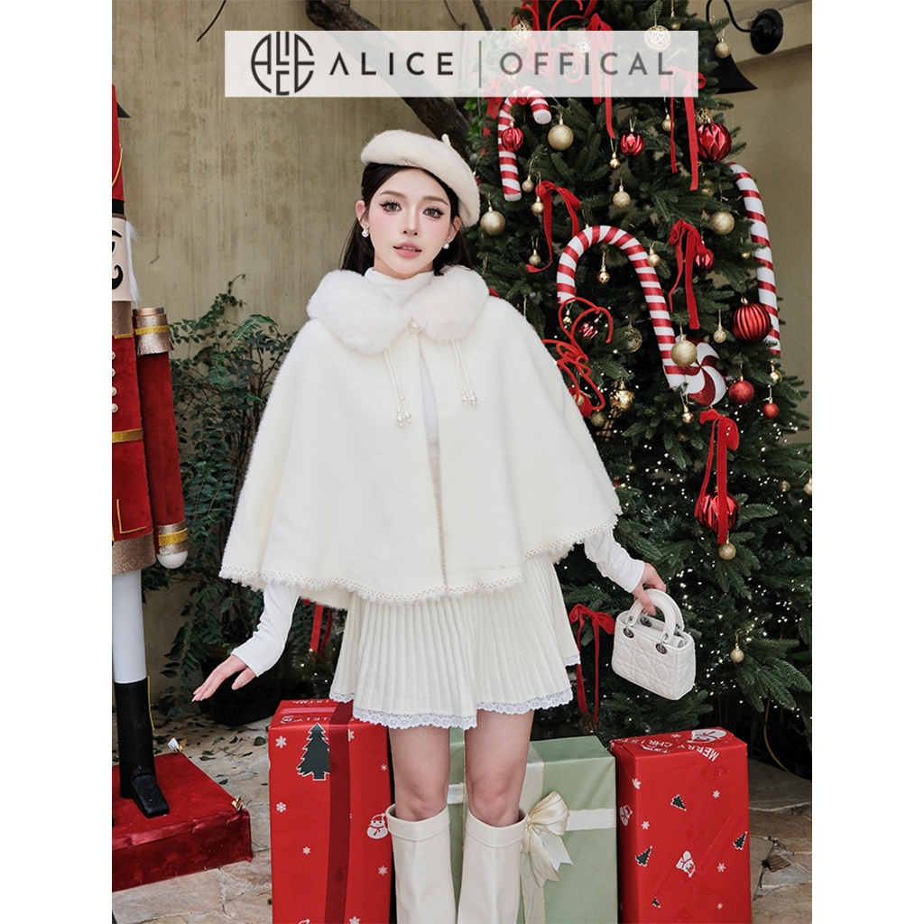 Áo Choàng Mùa Đông Alice Chất Len Lông Cao Cấp, Cổ Phối Lông, Đuôi Áo Viền Ren Nữ Tính T352