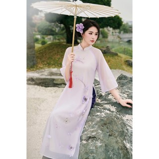 Áo Dài Dáng Suông LAMER Cách Tân (Không Quần) 2 Tà Tơ Óng Cao Cấp Áo Dài Bách Điệp S61A24Q004 (không kèm quần)