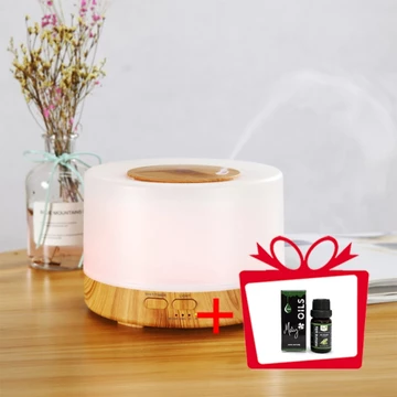 [Size lớn 500ml + Kèm lọ tinh dầu 10ml] Máy Khuếch Tán Tinh Dầu Hình Trụ Plus Vân Gỗ - Máy Xông Tinh Dầu Chính Hãng