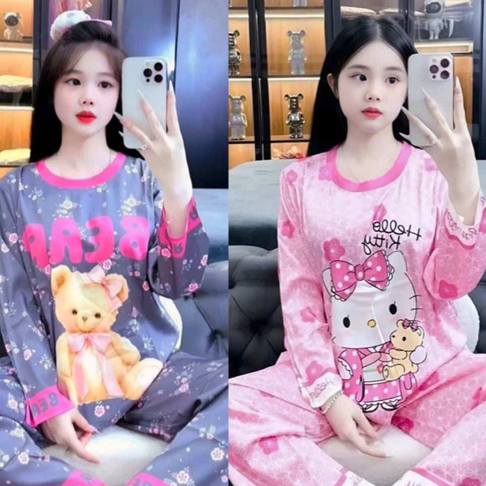14-45 KG. Bộ đồ ngủ dài tay cho bé gái in hình 3D helokity,gấu bear, vải thun lạnh mềm mịn co giãn thoải mái M50