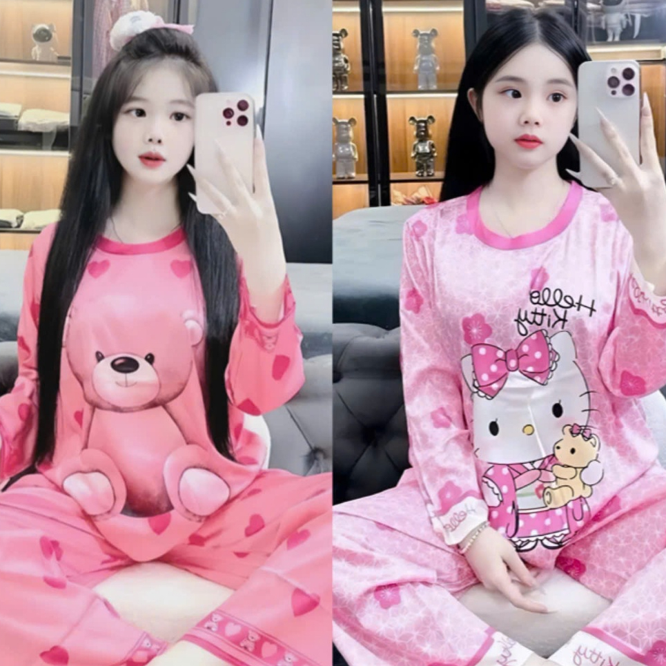 14-45 KG. Bộ đồ ngủ dài tay cho bé gái in hình 3D helokity,gấu bear, vải thun lạnh mềm mịn co giãn thoải mái M50