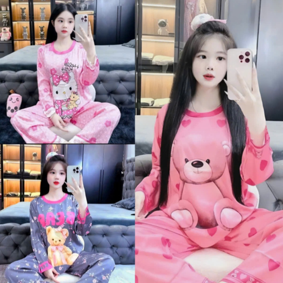 14-45 KG. Bộ đồ ngủ dài tay cho bé gái in hình 3D helokity,gấu bear, vải thun lạnh mềm mịn co giãn thoải mái M50