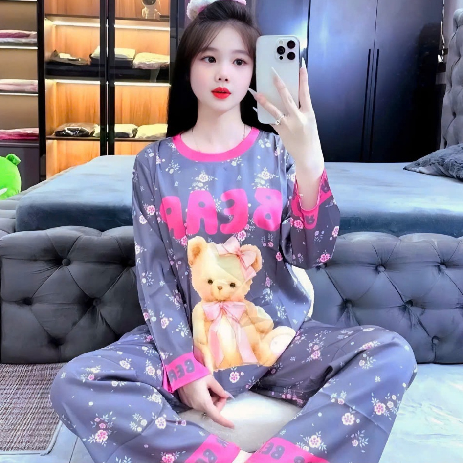 14-45 KG. Bộ đồ ngủ dài tay cho bé gái in hình 3D helokity,gấu bear, vải thun lạnh mềm mịn co giãn thoải mái M50