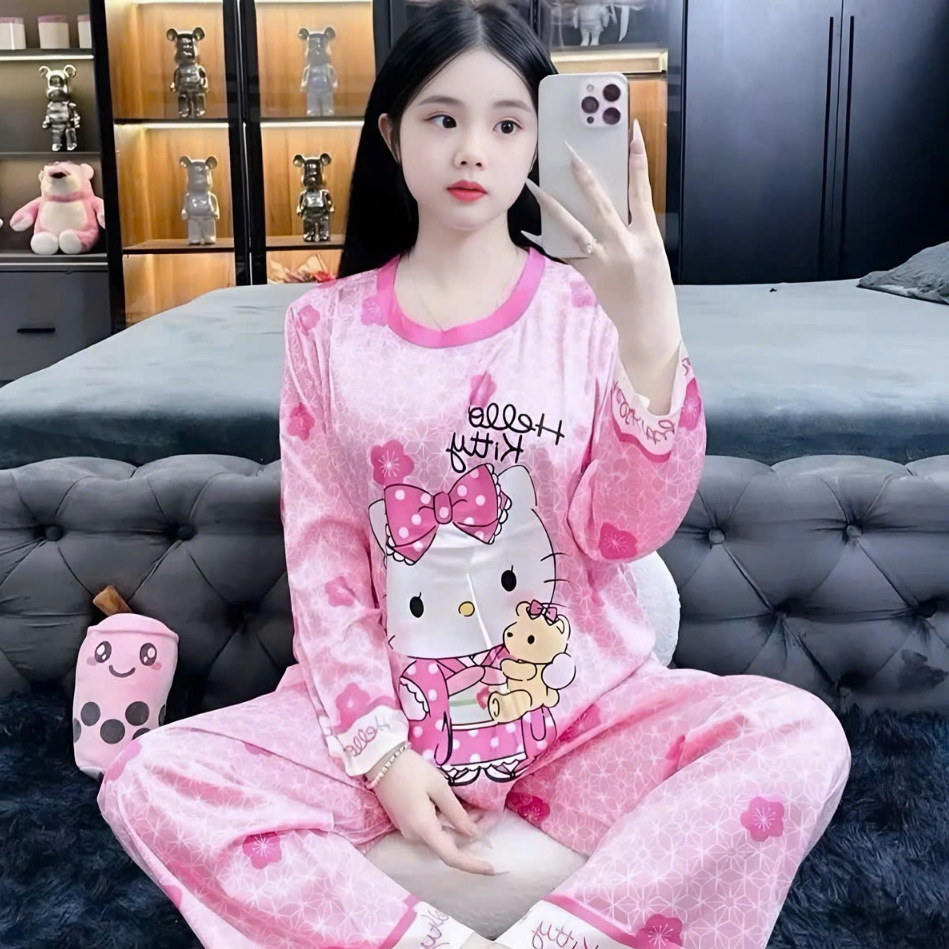 14-45 KG. Bộ đồ ngủ dài tay cho bé gái in hình 3D helokity,gấu bear, vải thun lạnh mềm mịn co giãn thoải mái M50