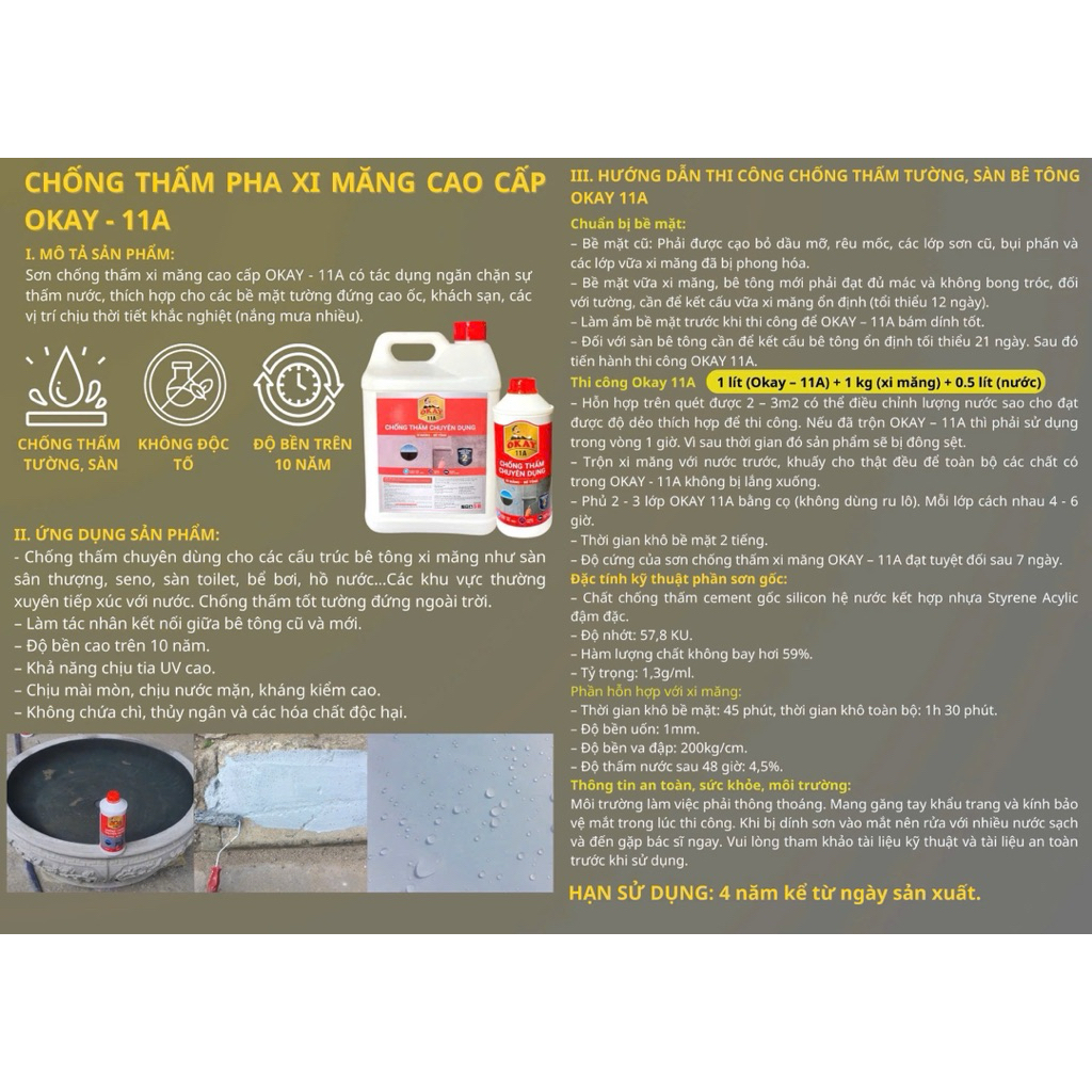 Chống thấm pha xi măng CT11A Okay cao cấp chai 1 lít