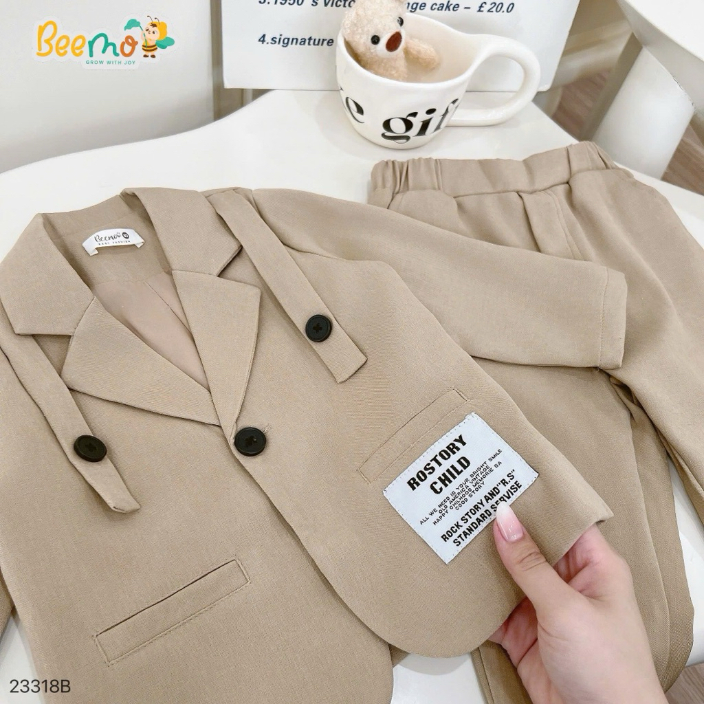 Set vest công tử một khuy Beemo phối cổ cách điệu, tag chữ cá tính dành cho bé trai 9-25kg