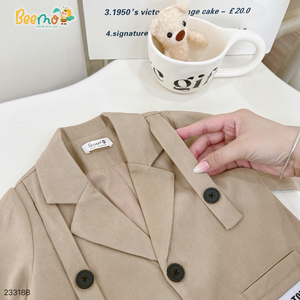 Set vest công tử một khuy Beemo phối cổ cách điệu, tag chữ cá tính dành cho bé trai 9-25kg