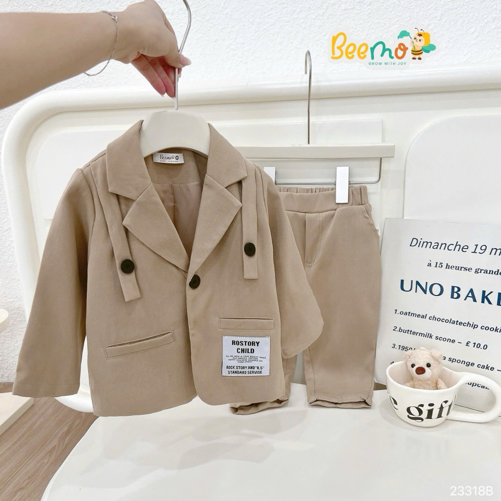 Set vest công tử một khuy Beemo phối cổ cách điệu, tag chữ cá tính dành cho bé trai 9-25kg