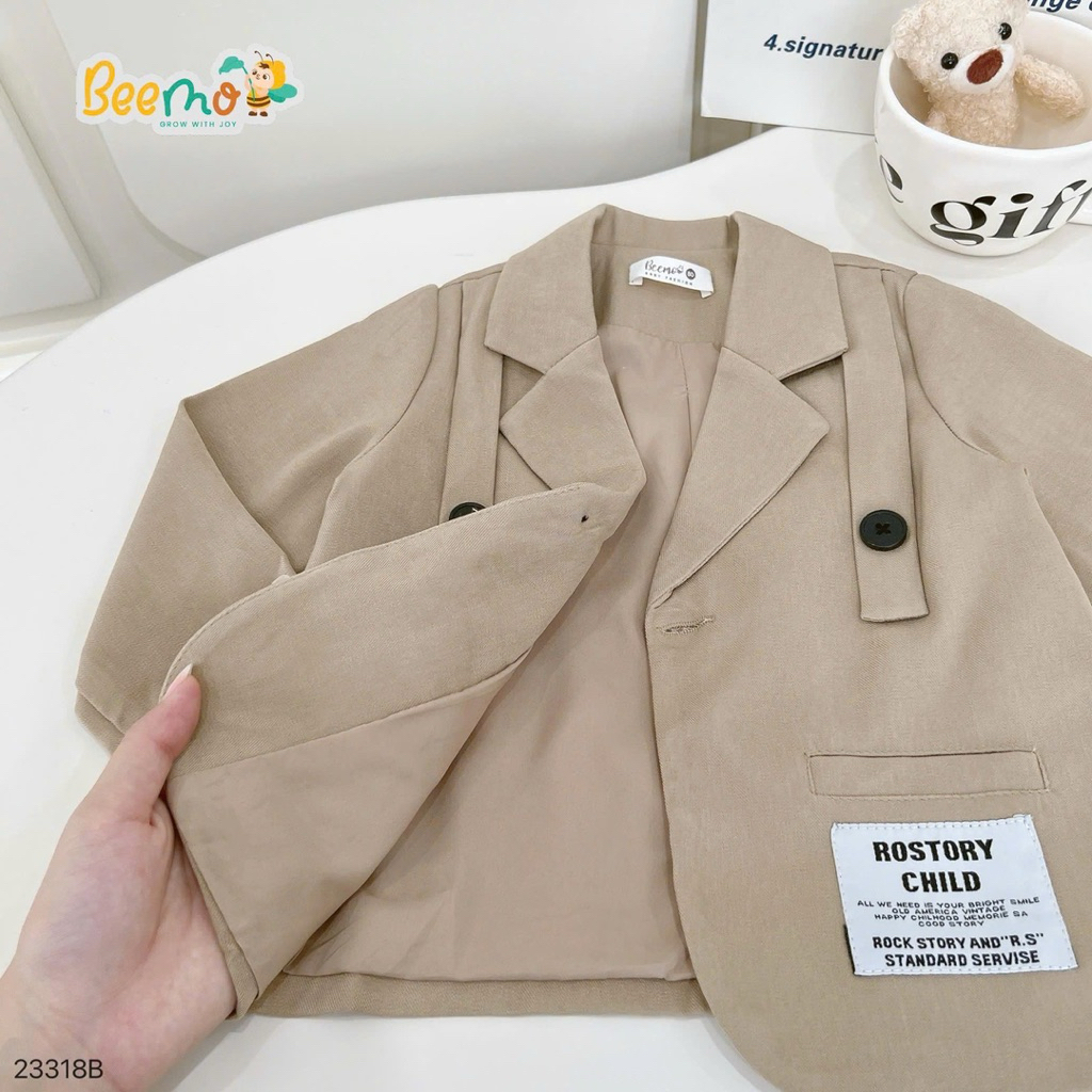 Set vest công tử một khuy Beemo phối cổ cách điệu, tag chữ cá tính dành cho bé trai 9-25kg