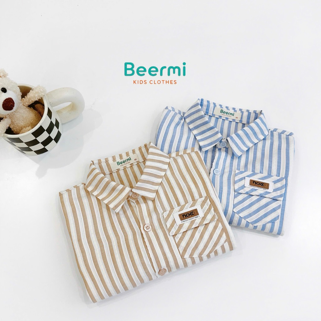 Áo sơ mi dài tay kẻ sọc phối túi tag Beermi chất liệu mềm nhẹ thoáng mát cho bé trai 9-28kg