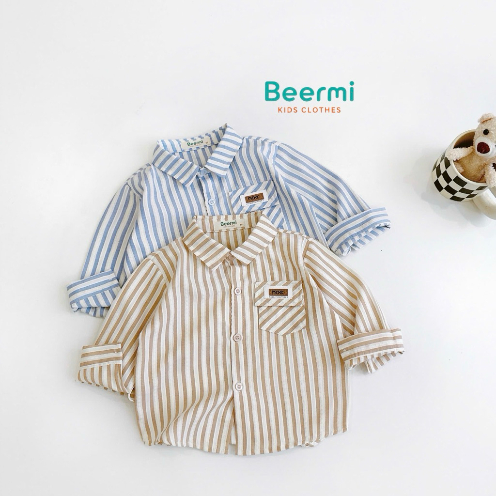 Áo sơ mi dài tay kẻ sọc phối túi tag Beermi chất liệu mềm nhẹ thoáng mát cho bé trai 9-28kg