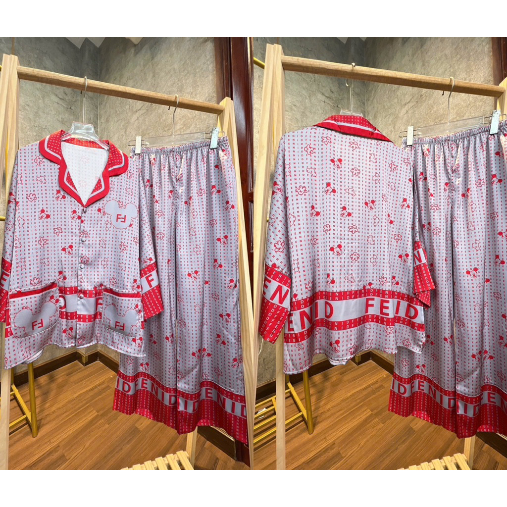(45-70kg) DƠI TAY LỠ - Bộ ngủ pijama mặc nhà cho nữ lụa mịn mát GẤU CHỮ quần dài có cổ siêu sang