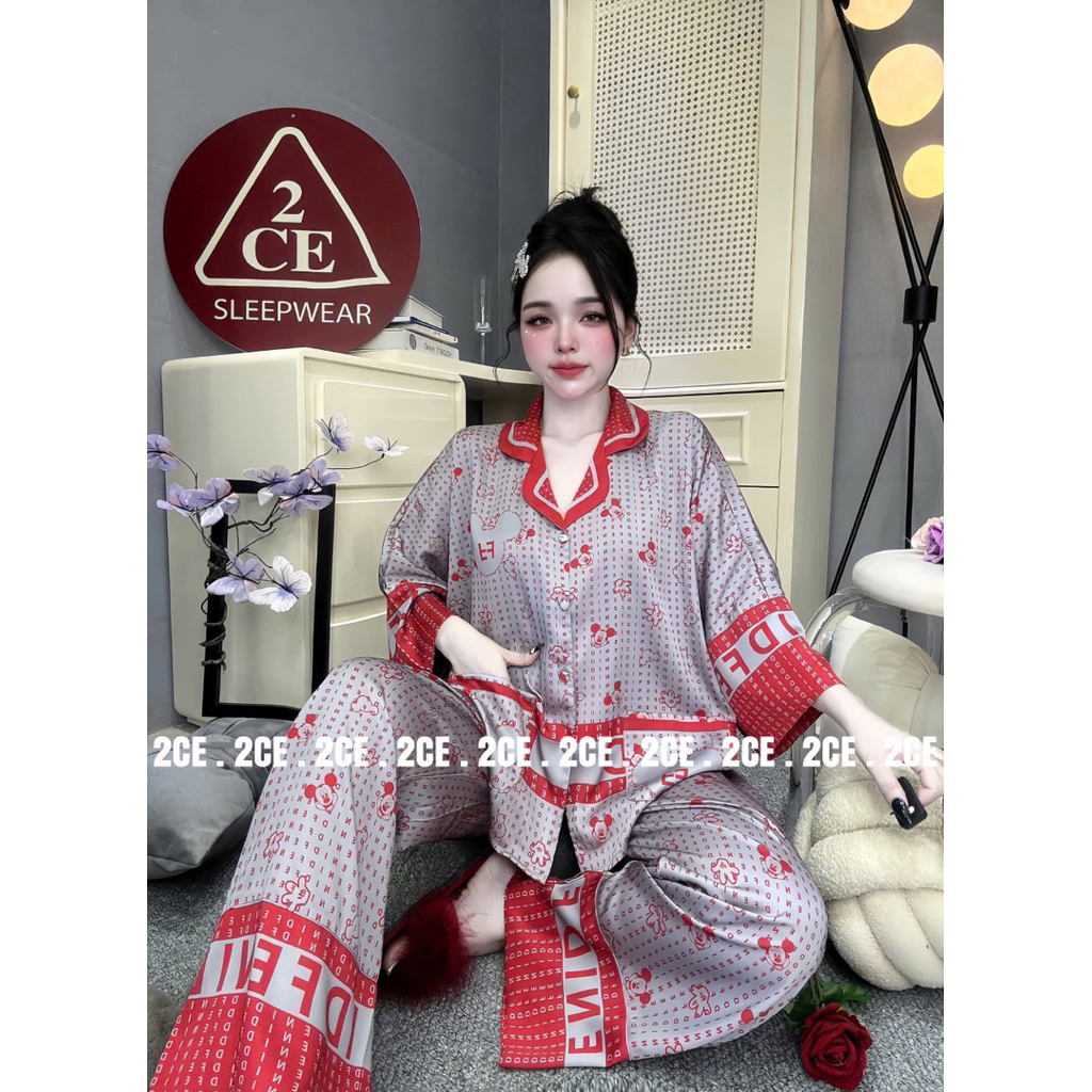 (45-70kg) DƠI TAY LỠ - Bộ ngủ pijama mặc nhà cho nữ lụa mịn mát GẤU CHỮ quần dài có cổ siêu sang