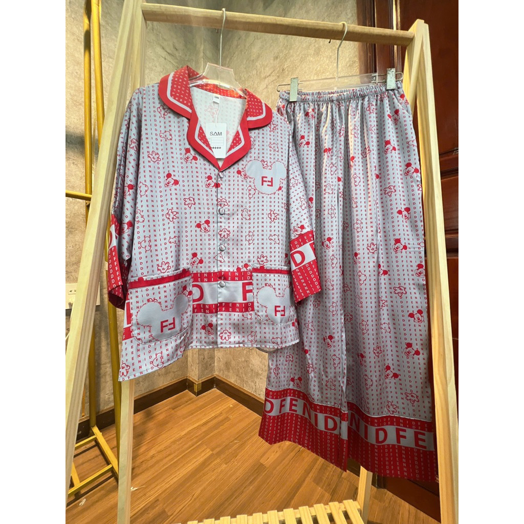 (45-70kg) DƠI TAY LỠ - Bộ ngủ pijama mặc nhà cho nữ lụa mịn mát GẤU CHỮ quần dài có cổ siêu sang