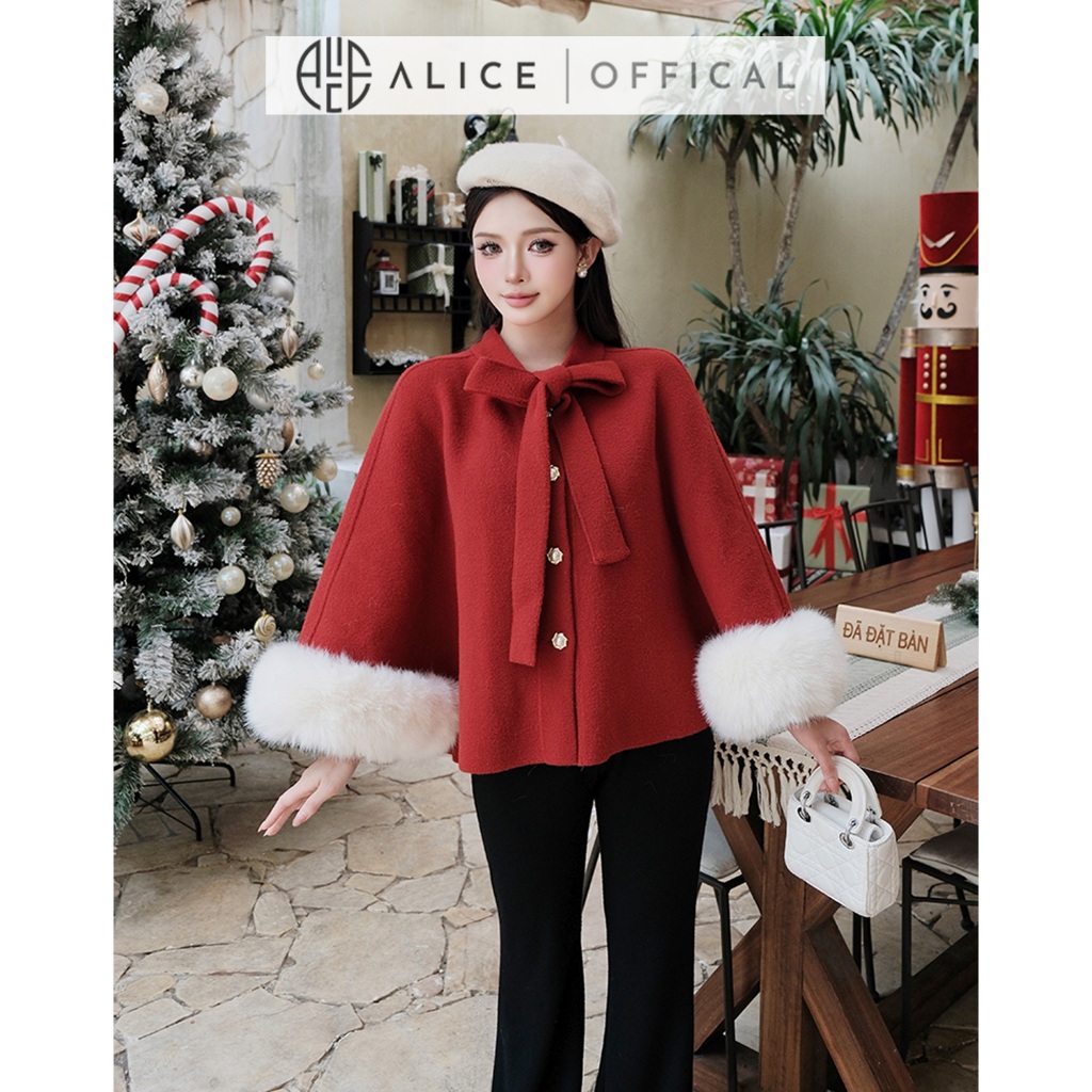 Áo Khoác Tay Lông Alice Chất Dạ Ép Cao Cấp, Áo Dáng Ngắn Cổ Phối Dây Nơ Bản To Freesize Phù Hợp Mùa Lễ Hội T312-SX