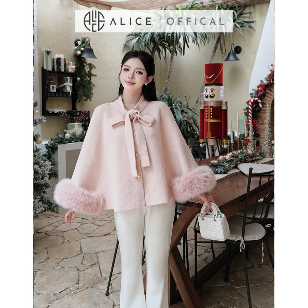 Áo Khoác Tay Lông Alice Chất Dạ Ép Cao Cấp, Áo Dáng Ngắn Cổ Phối Dây Nơ Bản To Freesize Phù Hợp Mùa Lễ Hội T312-SX