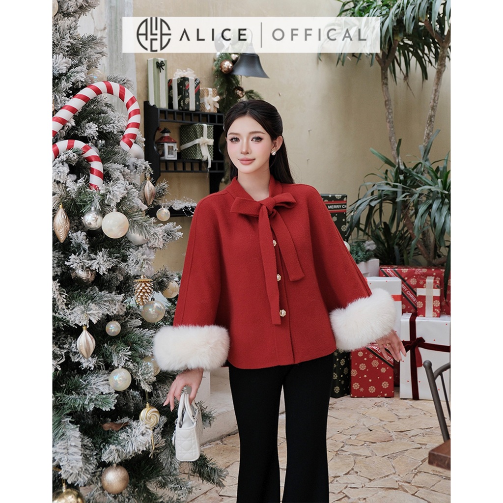 Áo Khoác Tay Lông Alice Chất Dạ Ép Cao Cấp, Áo Dáng Ngắn Cổ Phối Dây Nơ Bản To Freesize Phù Hợp Mùa Lễ Hội T312-SX