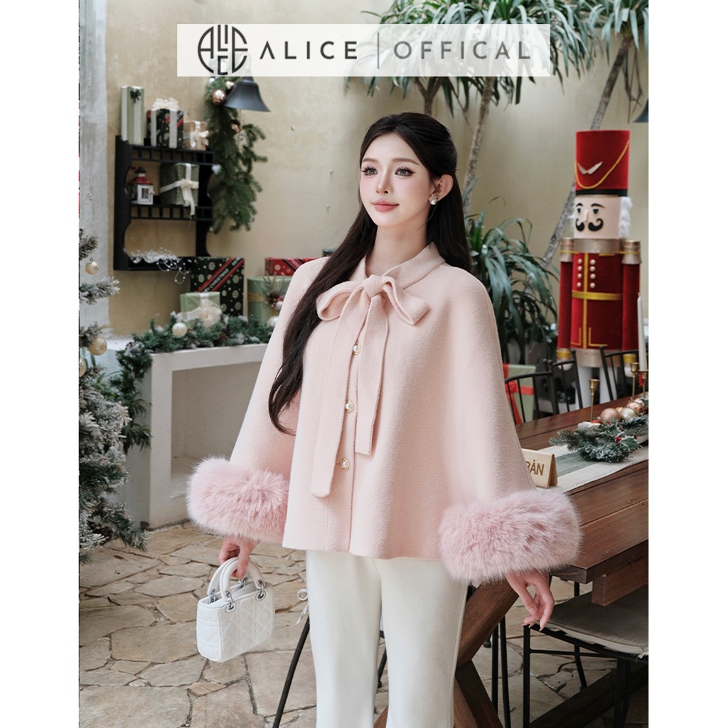 Áo Khoác Tay Lông Alice Chất Dạ Ép Cao Cấp, Áo Dáng Ngắn Cổ Phối Dây Nơ Bản To Freesize Phù Hợp Mùa Lễ Hội T312-SX