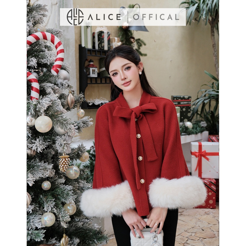 Áo Khoác Tay Lông Alice Chất Dạ Ép Cao Cấp, Áo Dáng Ngắn Cổ Phối Dây Nơ Bản To Freesize Phù Hợp Mùa Lễ Hội T312-SX
