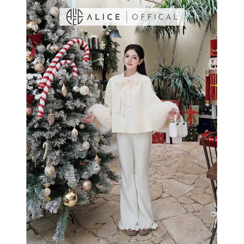 Áo Khoác Tay Lông Alice Chất Dạ Ép Cao Cấp, Áo Dáng Ngắn Cổ Phối Dây Nơ Bản To Freesize Phù Hợp Mùa Lễ Hội T312-SX