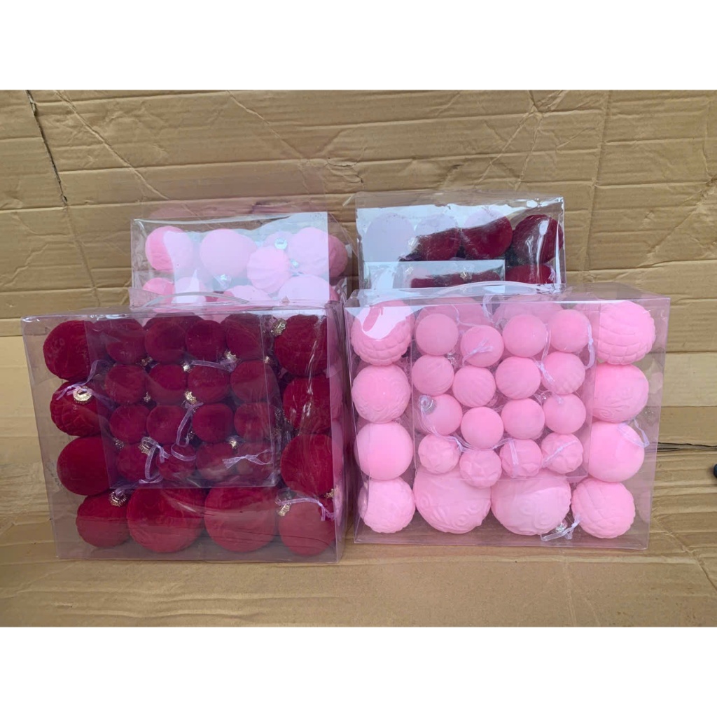 Hộp 46 quả châu nhung mix cỡ 4cm 6cm 8cm kiểu nhung hoa văn và nhung trơn