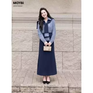 Set áo sơ mi và chân váy suông dáng midi kèm choàng cổ