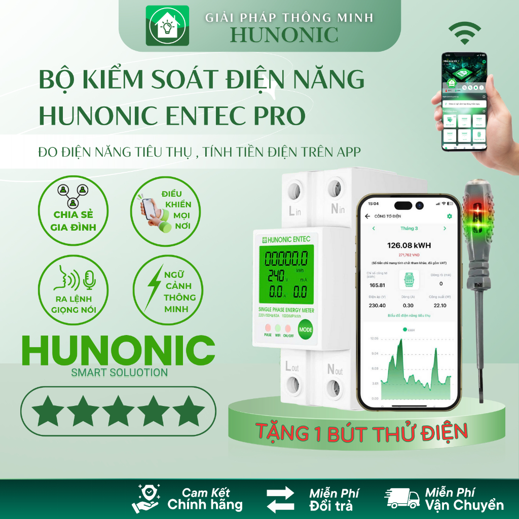 Công Tơ Điện Tử Wifi HUNONIC ENTEC PRO 63A Bật Tắt, Hẹn Giờ Từ Xa, Đo ...