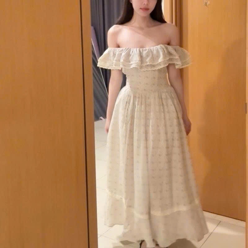 Larose Dress Trễ Vai Dáng Dài Vải Cotton Vintage Phong Cách Thời Trang Độc Đáo Cho Nhiều Dịp