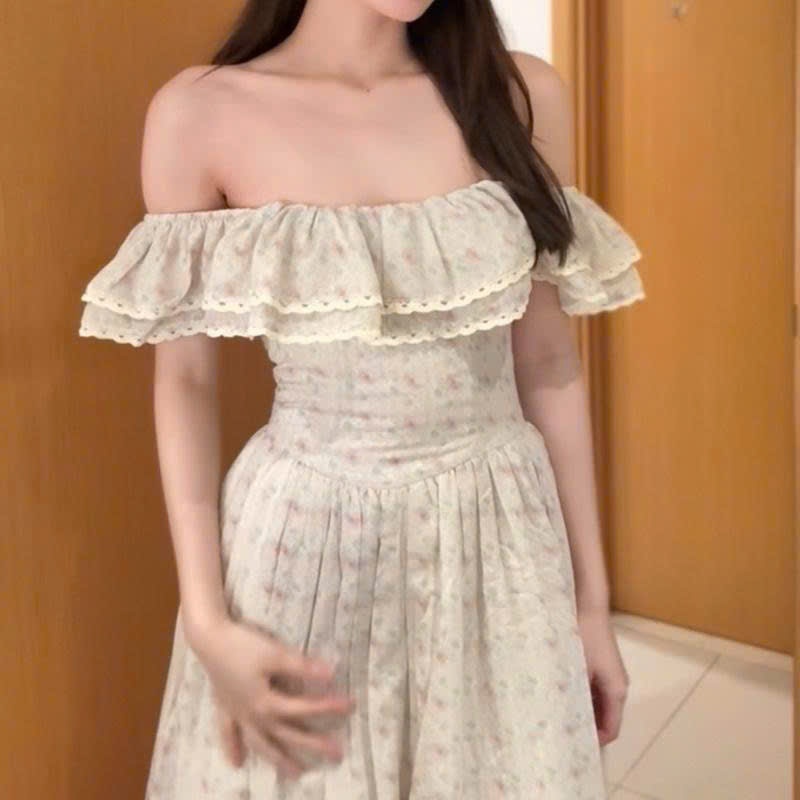 Larose Dress Trễ Vai Dáng Dài Vải Cotton Vintage Phong Cách Thời Trang Độc Đáo Cho Nhiều Dịp