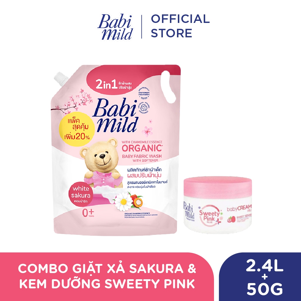 Combo Nước Giặt Xả Dịu Nhẹ Cho Bé 2in1 Babi Mild 2400ml/túi + Kem dưỡng da trẻ em 50g