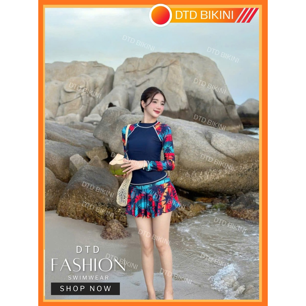 Bộ Đồ Bơi Tay Dài Nữ Kèm Váy DTD BIKINI – Chống Nắng, Co Giãn, Thiết Kế Che Bụng Đẹp