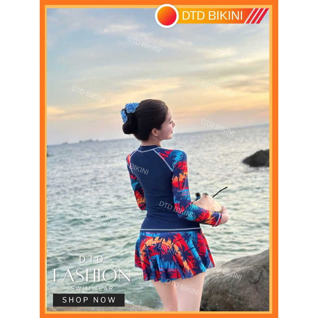 Bộ Đồ Bơi Tay Dài Nữ Kèm Váy DTD BIKINI – Chống Nắng, Co Giãn, Thiết Kế Che Bụng Đẹp
