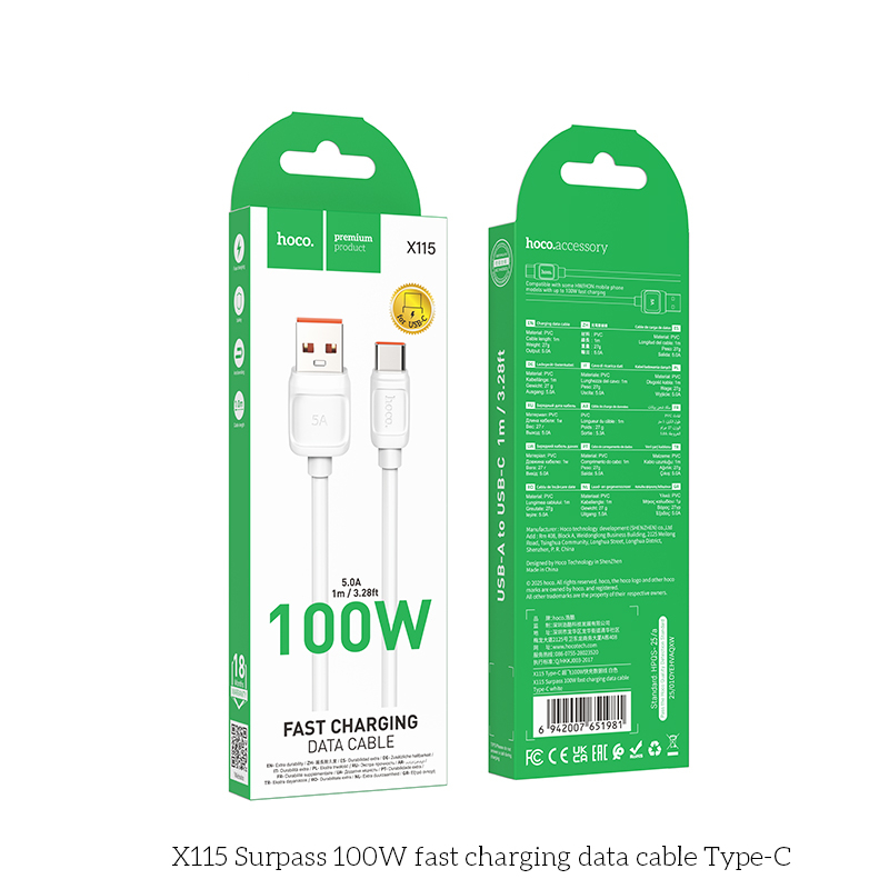 Cáp Sạc Nhanh 100W Hoco X115 USB to Type-C – Dài 1m Siêu Bền, Truyền Dữ Liệu Ổn Định, PD QC5.0