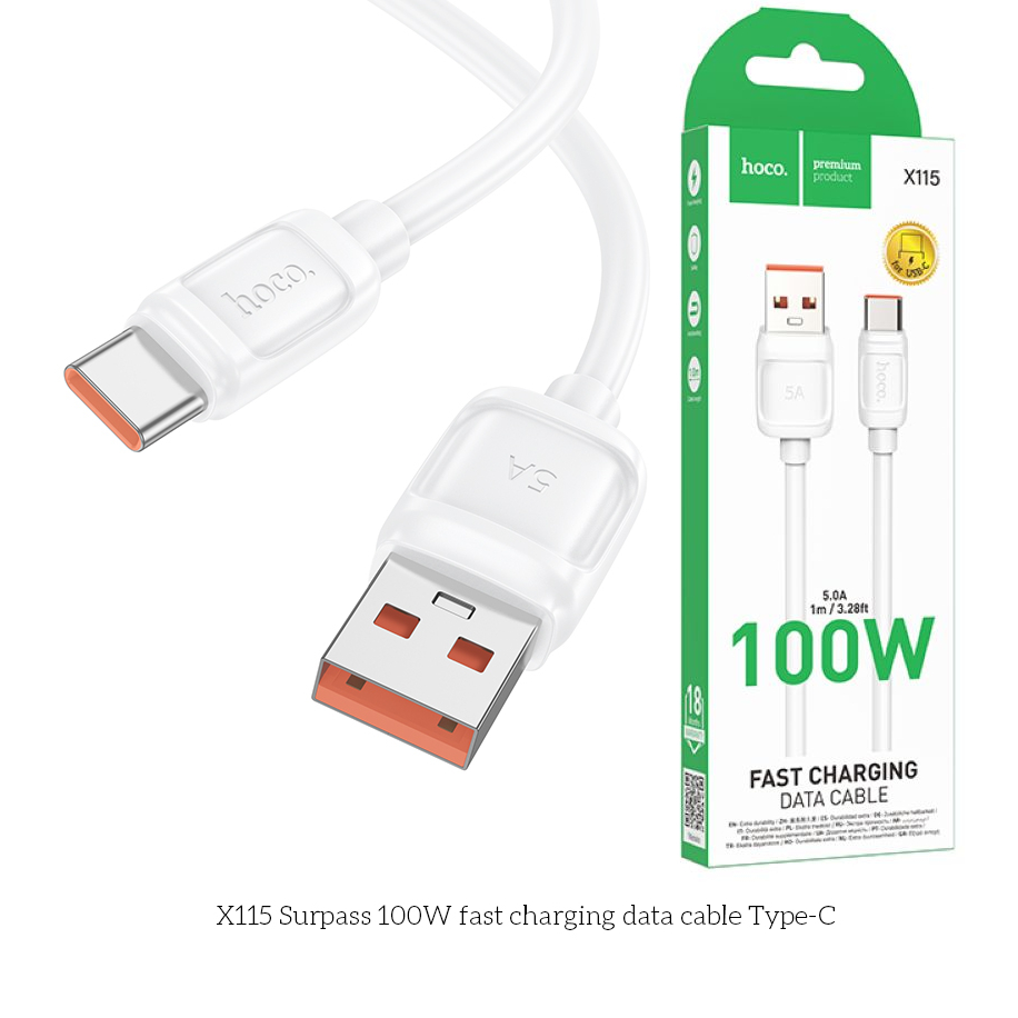 Cáp Sạc Nhanh 100W Hoco X115 USB to Type-C – Dài 1m Siêu Bền, Truyền Dữ Liệu Ổn Định, PD QC5.0