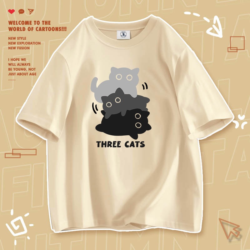 Áo thun nam tay lỡ HappyFamily tay ngắn THREE CAT'S Chất vải cotton 100 cao cấp