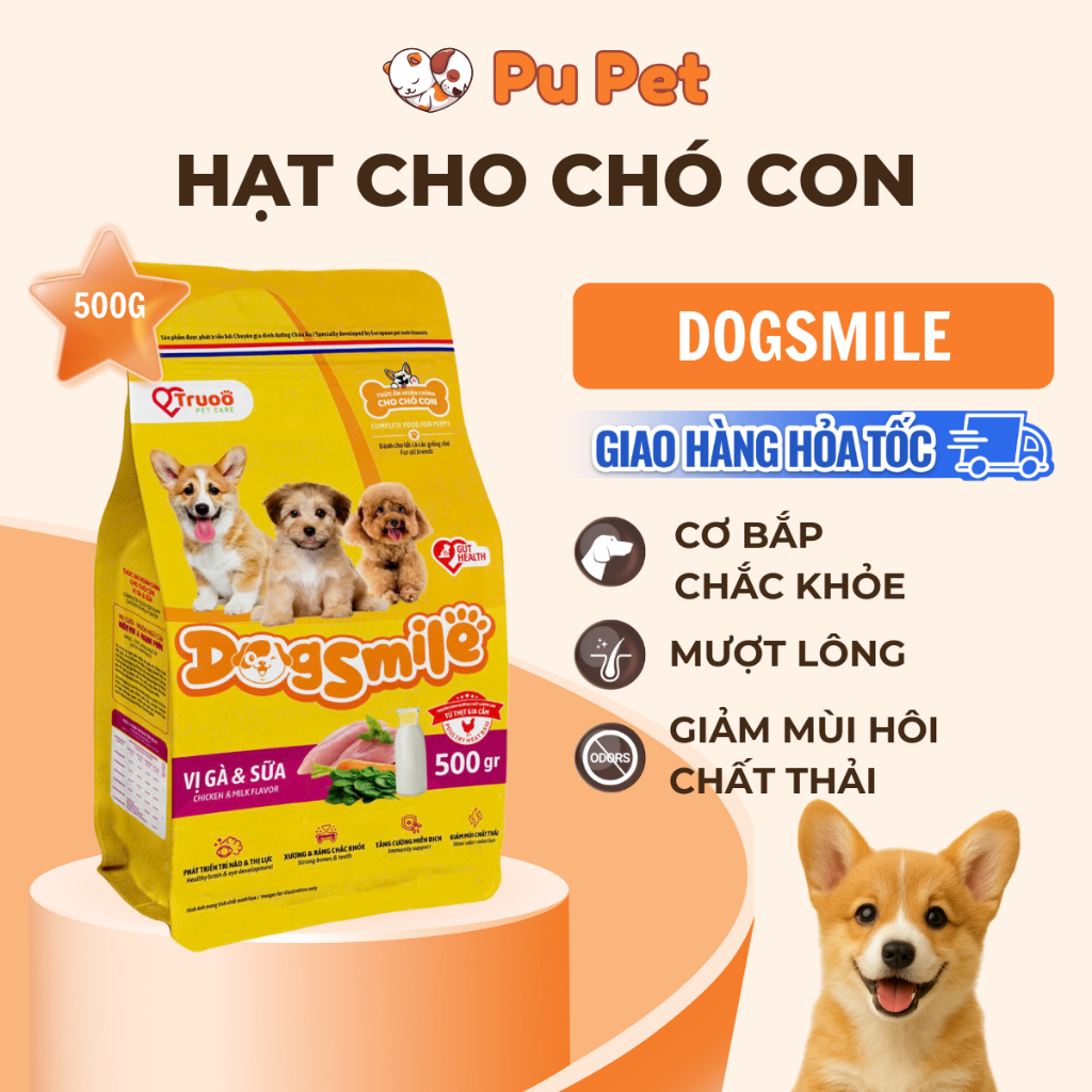 Thức Ăn Hạt Cho Chó Con DogSmile Vị Gà&Sữa Gói 500g Hỗ Trợ Trí Não Và Xương Răng Chắc Khỏe