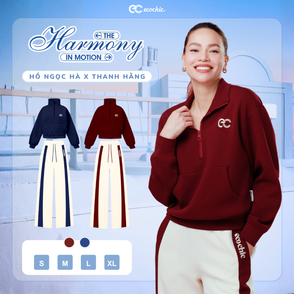 Set Bộ ECOCHIC Nỉ Mịn Khoá Halfzip Cổ Cao Quần Suông Basic Phối Viền Thể Thao Cao Cấp HNH B197