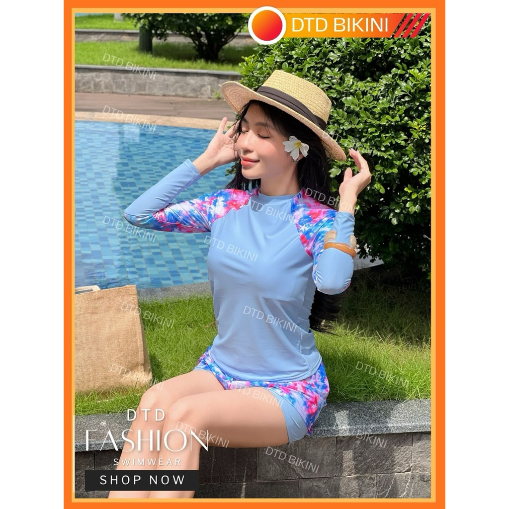 Đồ Bơi Nữ Đi Biển Tay Dài Quần hai lớp DTD BIKINI – Họa Tiết Màu Tươi, Không Lộ, Co Giãn Cao