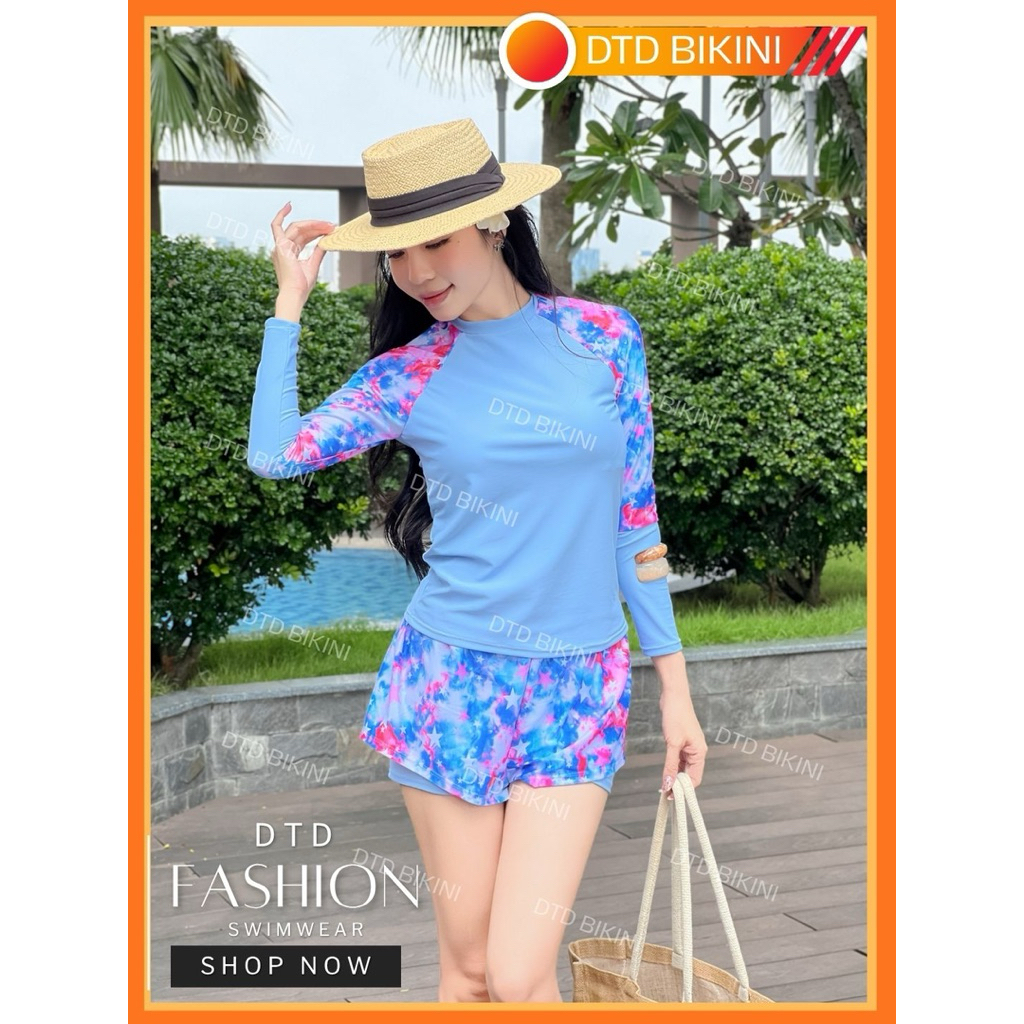 Đồ Bơi Nữ Đi Biển Tay Dài Quần hai lớp DTD BIKINI – Họa Tiết Màu Tươi, Không Lộ, Co Giãn Cao