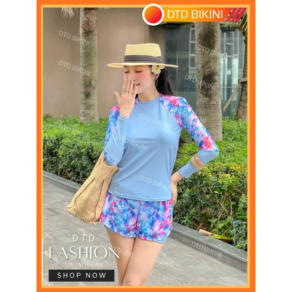 Đồ Bơi Nữ Đi Biển Tay Dài Quần hai lớp DTD BIKINI – Họa Tiết Màu Tươi, Không Lộ, Co Giãn Cao
